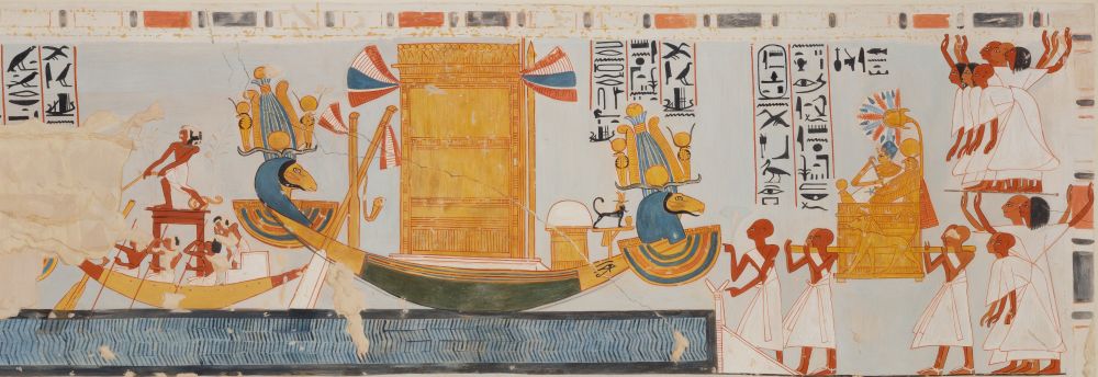Charles K. Wilkinson, The Barque of Amun Arriving at the West Bank of Thebes, 20th century, 1930–31. Original from Egypt, Upper Egypt, Thebes, Dra Abu el-Naga, tomb of Amenmose  (TT 19), original New Kingdom, Dynasty 19, reign of Ramesses I–Ramesses II; ca. 1295–1213 BCE. Tempera on paper. Facsimile, scale 1:1. The Metropolitan Museum of Art, New York, Rogers Fund, 1931 (31.6.5).