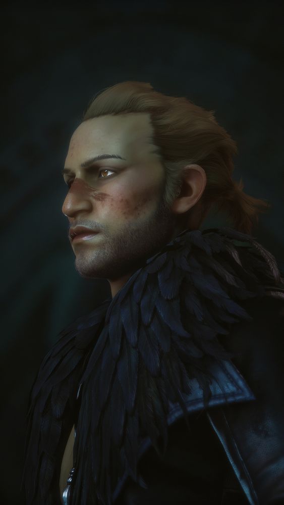 A screenshot of Dragon Age the Veilguard of a Rook that looks like Anders from Dragon Age 2. Ve is wearing an all black feathered coat, has his hair tied back in an uneven ponytail, and a red war paint swipe over his nose. 