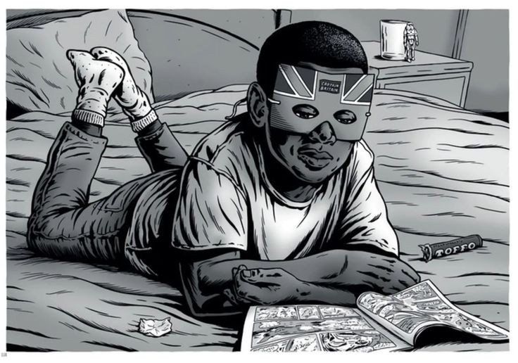 A child lays on a bed in the classic comic reading pose, get in the air. He wears a cheap captain Britain mask and chews toffo sweets while reading the first issue. There's a star wars figure in his bedside table propped pin a glass of water