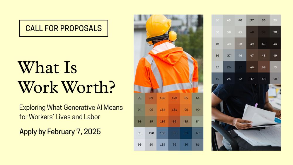 Photos of a construction worker and office worker at their jobs morph into numbered blocks, representing the ways technology can reduce a person and their work.