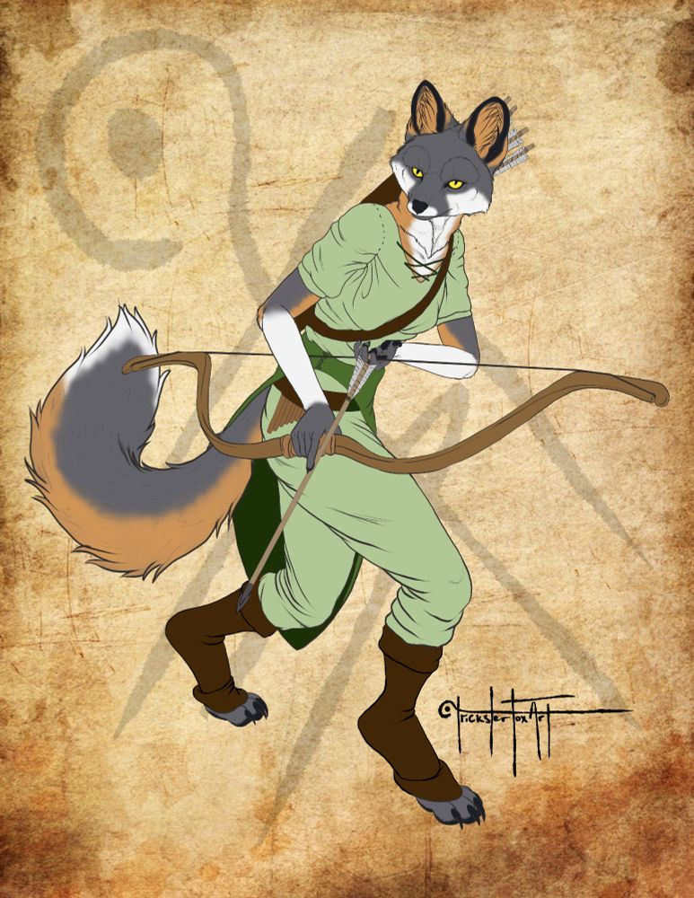 An anthro gray fox is wielding a shortbow and crouching as if she's stalking prey