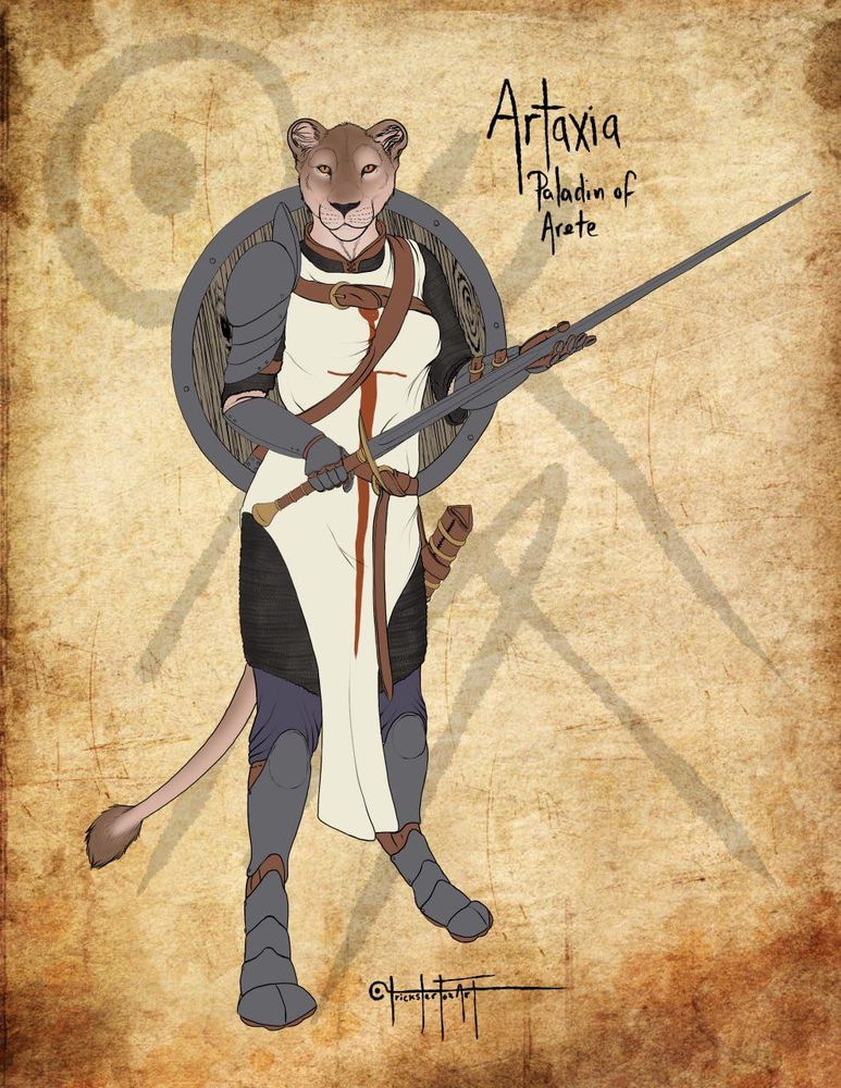 An anthro lioness dressed in chainmail and plate armor with a white tabbard depicting a blood red sword crest is holding a hand and a half sword, with a wooden round shield slung from her back
