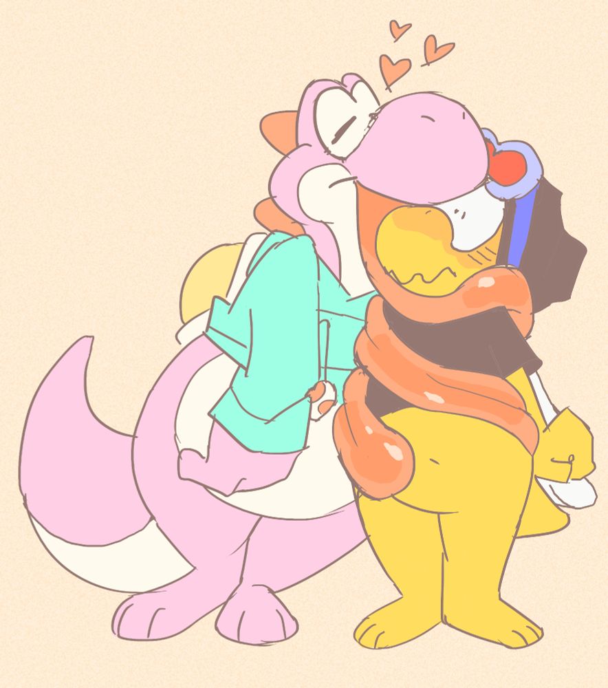 Mushie wrapping their tongue around Ledge who looks very flustered