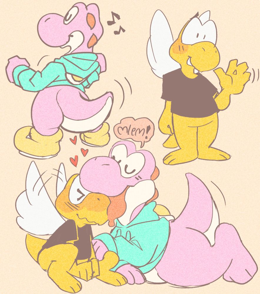 Three drawings.
The top-left drawing depicts Mushie dancing with its back turned to the viewer.
The top-right drawing depicts Ledge coyly waving with nothing but a black shirt on.
The bottom drawing depicts Mushie licking Ledge and saying "Mlem!". Ledge is flapping their wings and blushing with hearts coming out.