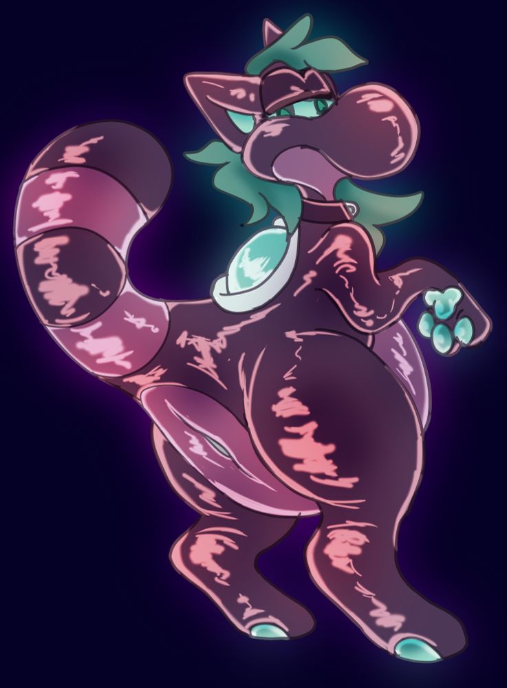 A latex cat Yoshi showing off its behind with a hole. It has a stripey cat tail, cyan hair, cyan paws, cyan eyes, and a black collar.