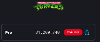 screenshot of high score in Teenage Mutant Ninja Turtles pinball. 31,209,740. Top 10%