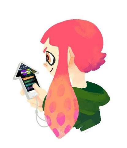 A pink haired Inkling holding a phone shaped like a minimalist squid