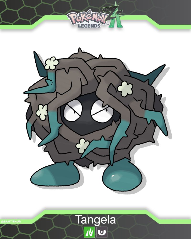 Top : Pokémon Legends : Z-A logo

Bottom : Tangela, Grass-Dark type

Kalosian Tangela looks like a ball of drak-brown thorny brambles with dark-green tips. There's a hole in the middle where we can see its dark-grey face and two mean-looking white round eyes.
It has dark-green feet and white flowers grow on its brambles.