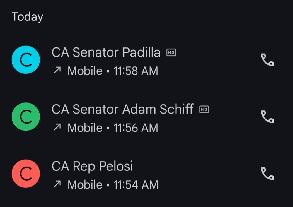 Screenshot displaying outgoing calls made to California Senators Alex Padilla and Adam Schiff and California Representative Nancy Pelosi 