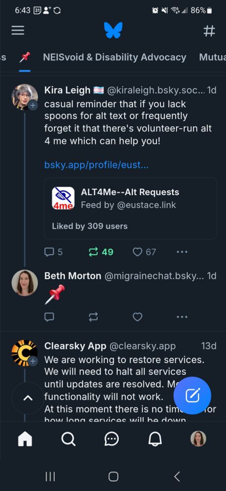 A snapshot of my feed showing an example of a post about alt text I replied to with the 📌 emoji and feed highlighted at the top of my screen. 