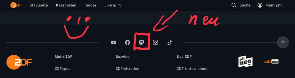 ZDF Homepage. Jetzt mit Mastodon Logo. 