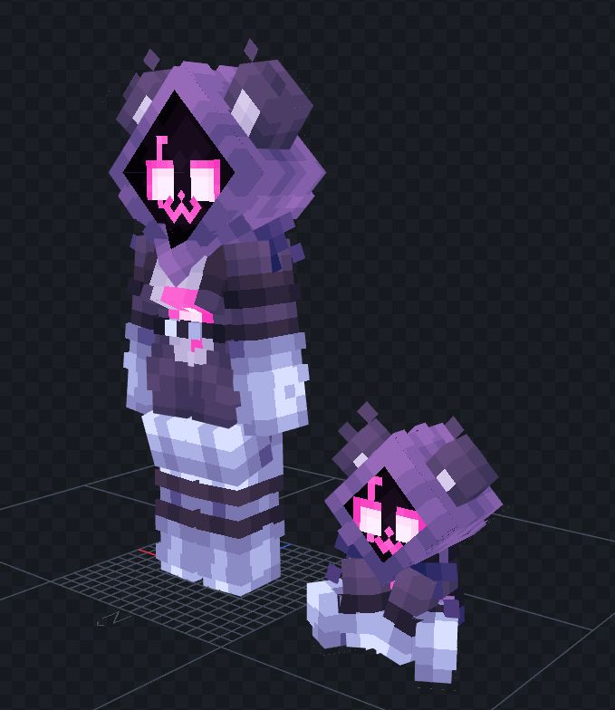 blockbench viewport of a minecraft-style model of raven team leader, alongside a plushie of them sat next to them.