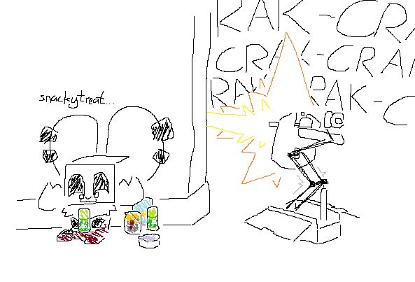 an mspaint doodle of salt, sitting behind a wall comfortably, enjoying a variety of snacks and saying 'snacktreat' to herself. directly around the wall is an autoturret that is very loudly gunning down whatever is on the opposite side of her.