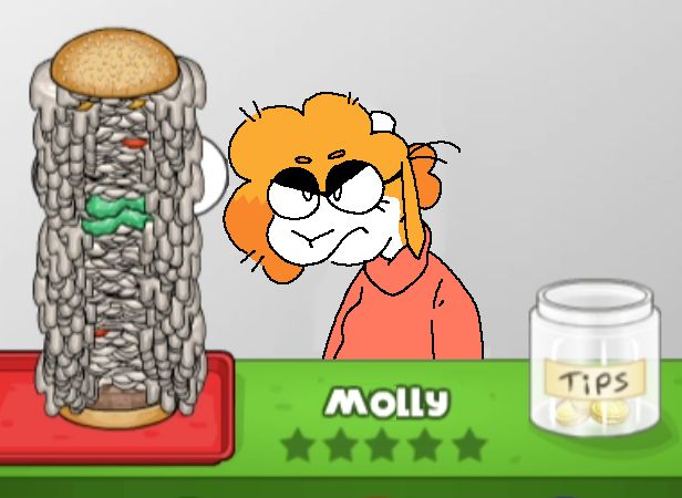 drawover of a crusty screenshot of papa's burgeria, with @marlee-goat.neocities.org‬'s fursona molly being served a burger with roughly ten thousand servings of mayo, with other toppings scattered throughout. her speech bubble isn't visible behind the burger.