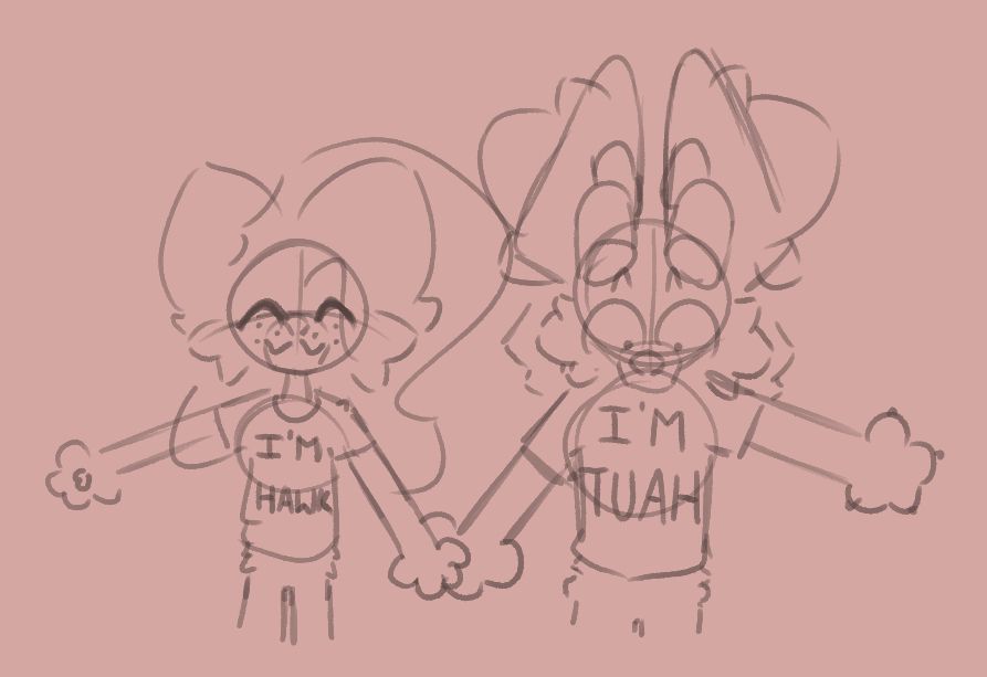 a cartoonier than usual artstyle drawing of mercy and kastyr holding paws. mercy has her eyes closed and is blissfully unaware, while kastyr is looking down at his shirt with the widest most terrified eyes. their shirts say "i'm hawk" and "i'm tuah" respectively.