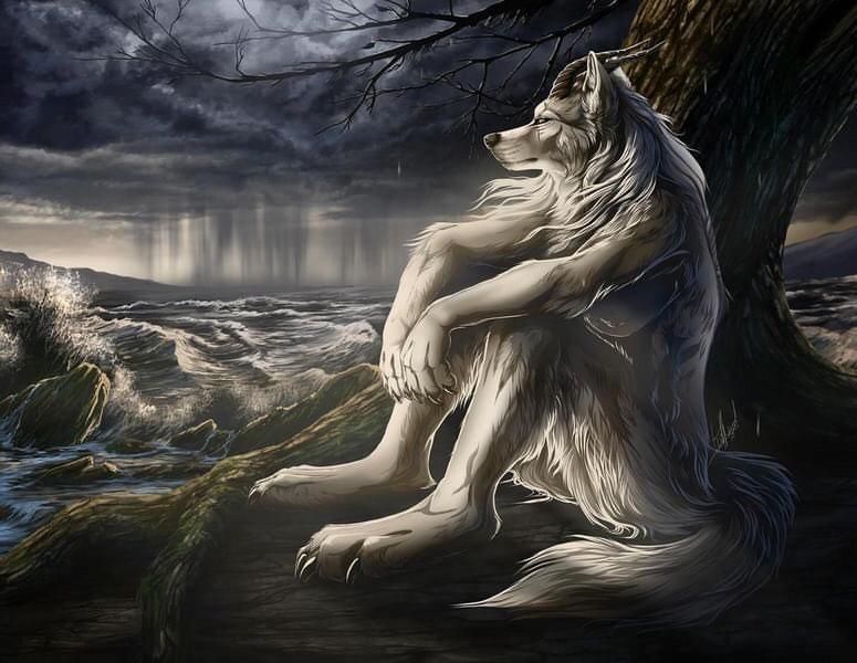 image of a werewolf sitting by a tree and looking into the distance 