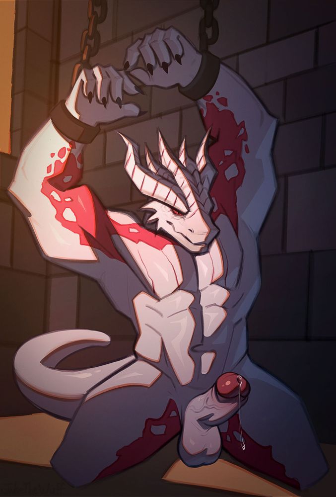 White and red dragonborn cuffed in a dungeon with a leaky hard-on.