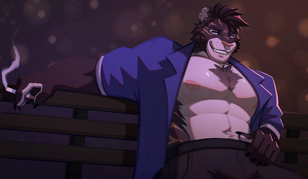 Large muscled feline leaning against a fence, smoking a cigarette and smiling at the viewer.