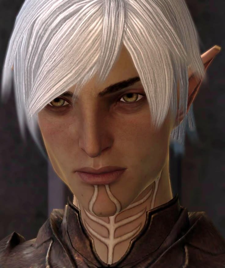 Dragon age 2 character fenris a white haired elf with white tattoos staring broodingly