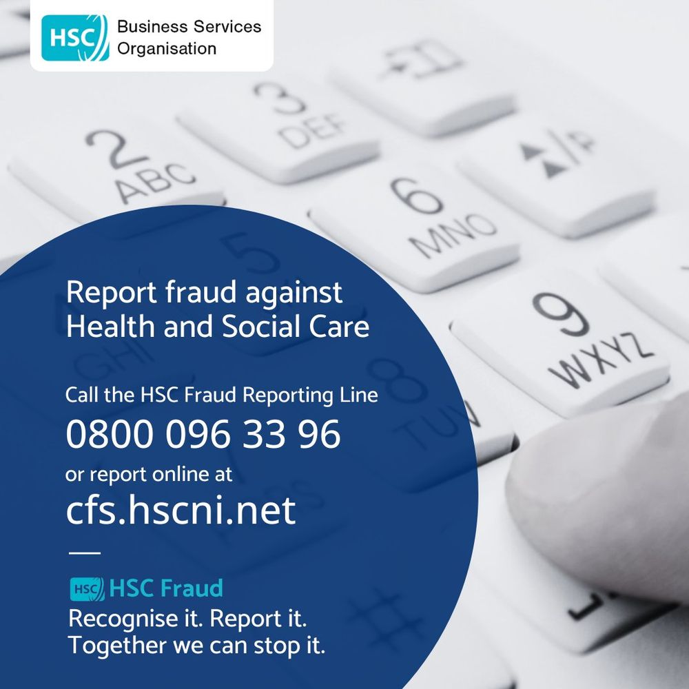 A telephone keypad and a message to report Healthcare fraud in Northern Ireland via 0800 096 33 96
