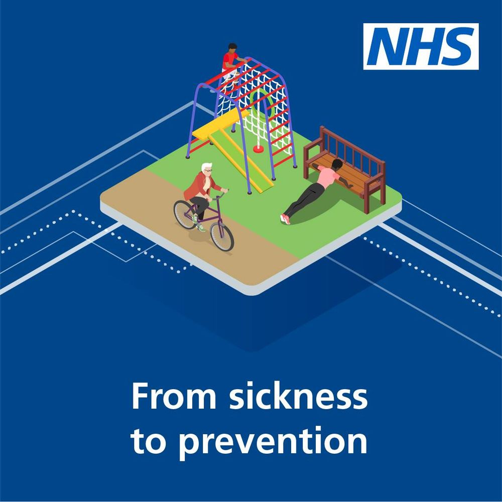 A cartoon of people getting fit. A key element of the new NHS 10 year plan.