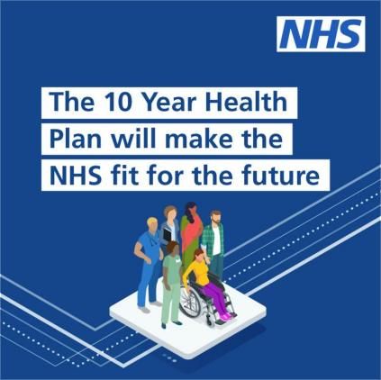 A cartoon image of NHS Staff and patients stood together.