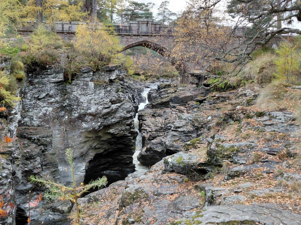 Single arch bridge among rocks and trees. Down the middle white water cuts through the rock.