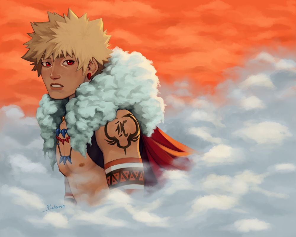 Bakugou from BNHA in his barbarian outfit, a warm sunset sky behind him and white foggy mist surrounded him. He’s looking slightly past the viewer, lips parted, eyebrows furrowed.