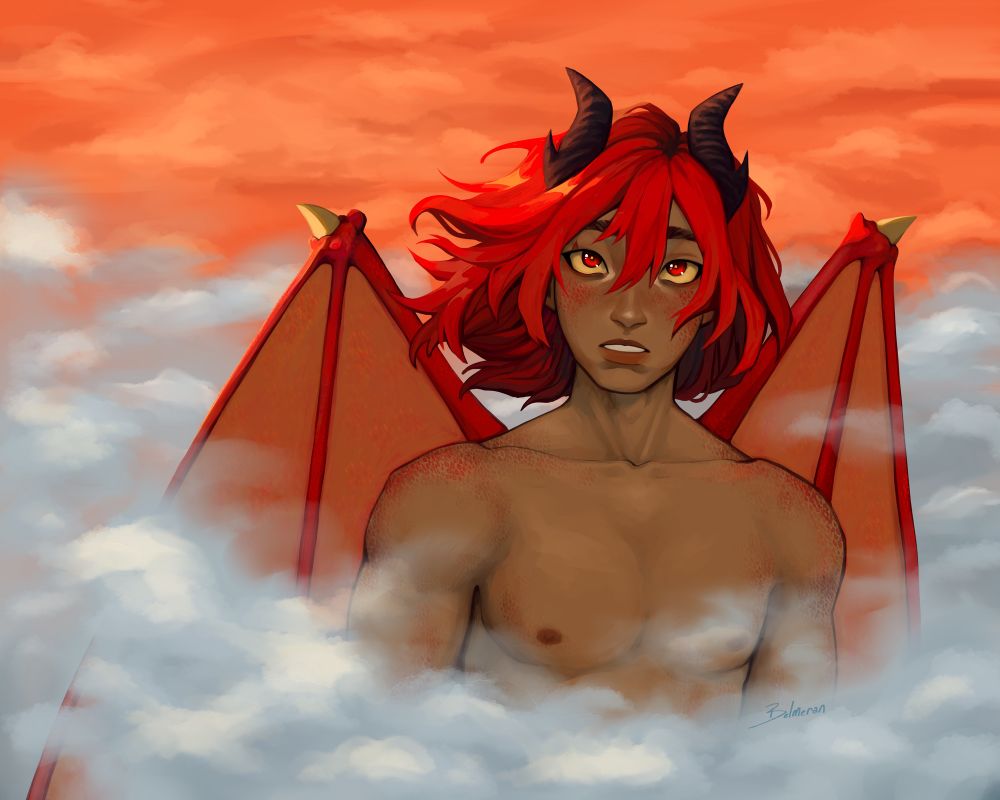 Kirishima from BNHA, also from the fantasy universe, with red dragon wings behind his back and black horns arching from his head. His hair is down and blowing in the wind, and scales decorate his shoulders, arms, chest, and face. His eyes are wide as he looks back at Bakugou, his expression one of wonder.