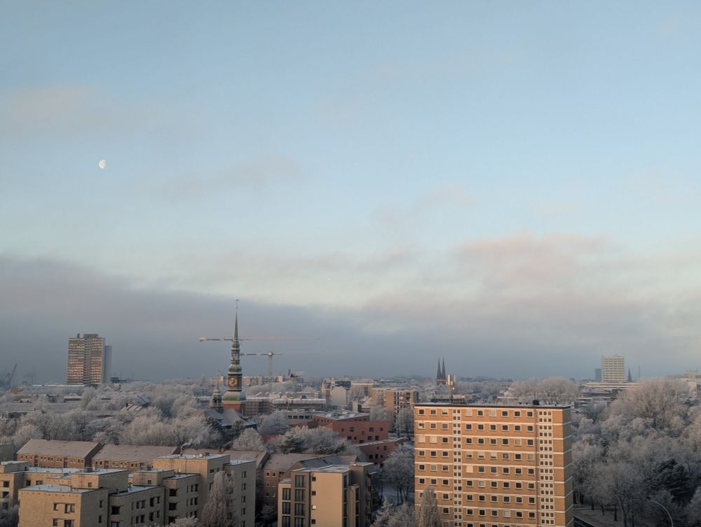 Blick aus einem hohen Stockwerk auf Winterlandschaft in Hamburg Altona bei leichtem Sonnenschein. Alle Bäume sind mit Reif überzuckert. 