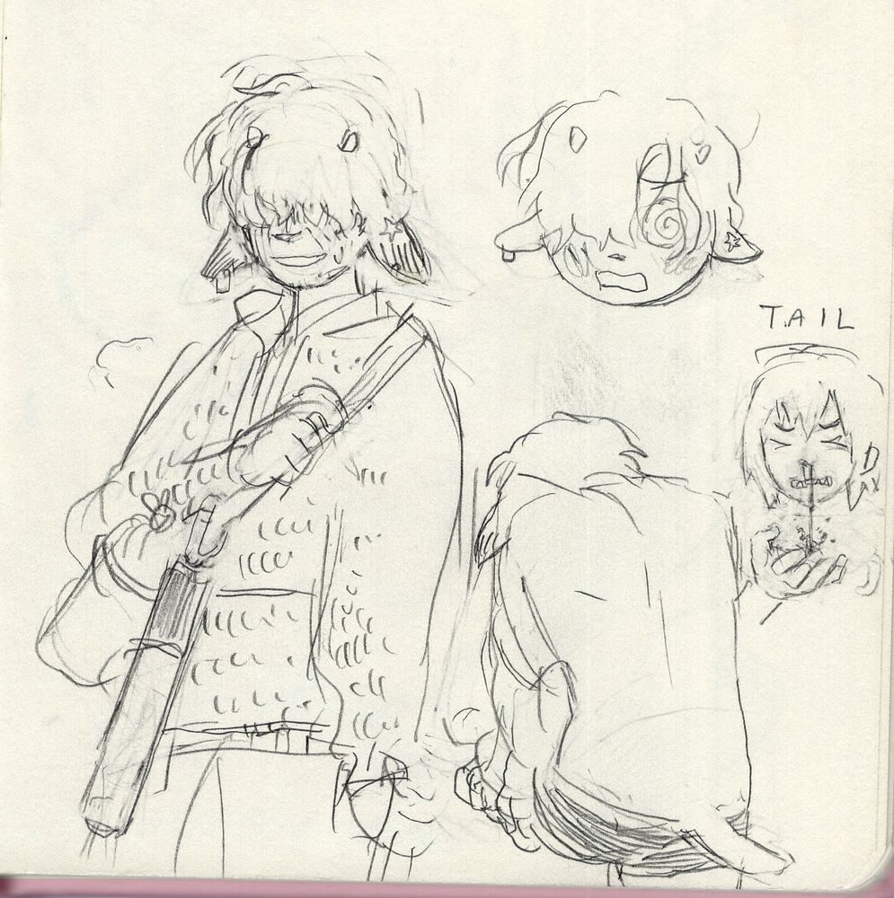 pencil sketches of a goat boy in a fluffy textured hoodie, eyes covered by messy hair. a little smile, a sweat drop and some crappy facial hair. to the right you see him undressing from behind and his cute little tail. another character catches a nosebleed in an open palm