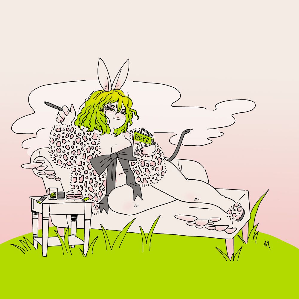 Graphic illustration in neon greens and pale beigy pinks of a chubby chimera girl with bunny ears and a snake tail smoking a blunt and reading BL while lounging on a chaise 
