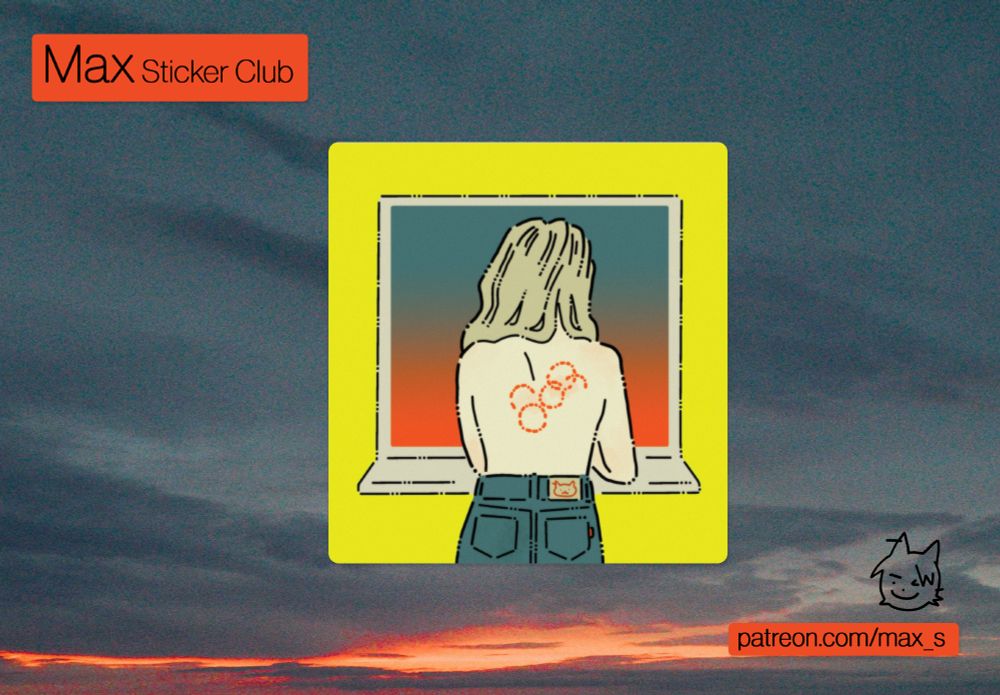 sticker club promo art of a pale blonde woman with bite marks that don't clear the tops of her shoulders