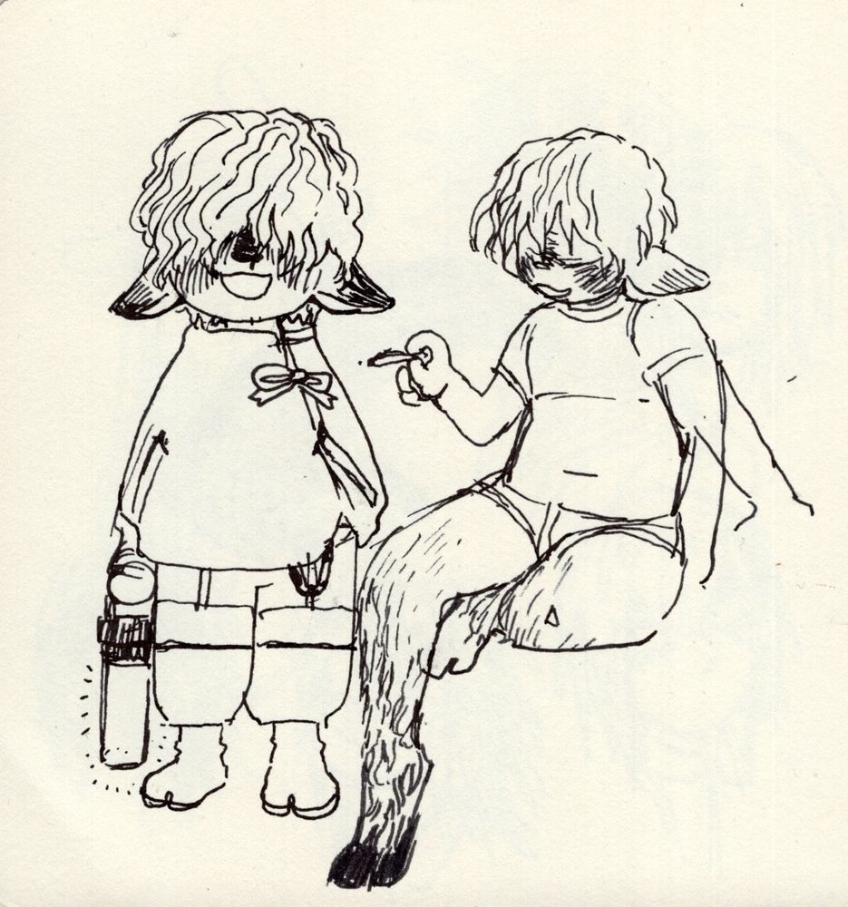 Sketches straight in black pen. a chibi of the goat with a little bow on his jacket, tabi shoes and a lantern. To the right, more grounded proportions, he smokes a joint in a tight tee and underwear, his furry legs ending in hooves and cute belly folding as he sits 