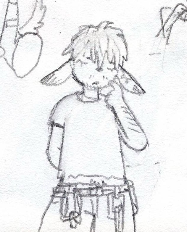 More pencil sketches. Goat boy now has eyes, a distressed tee that ends right before his happy trail, a bunch of carabiners and crap on his belt loop
