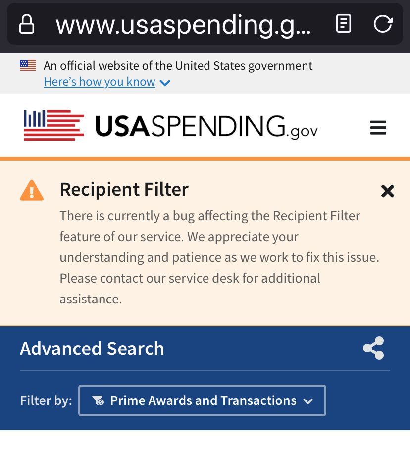 Screenshot of usaspending.gov search interface, showing the message about the “broken” recipient filter.
L
