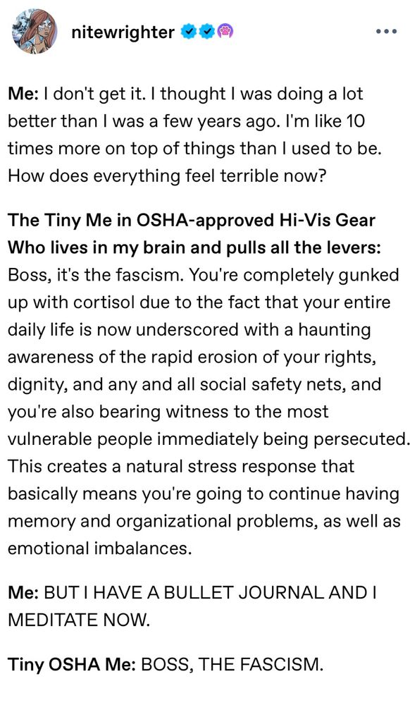 screencap of "boss, it's the fascism!" tumblr post re: the modern american hellscape 