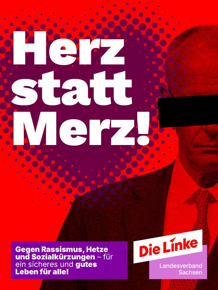 Ein Schwarz-Weiß-Foto von Friedrich Merz mit einem schwarzen Balken über den Augen, ein Herz im Hintergrund und Text: „Herz statt Merz!“
