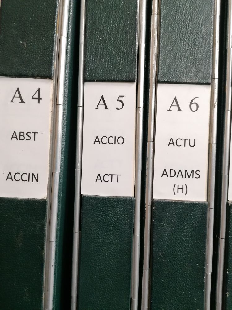 The spine of volume A5 of the hard copy catalogue at Cambridge University Library. Its contents range from Accio to Actt. 