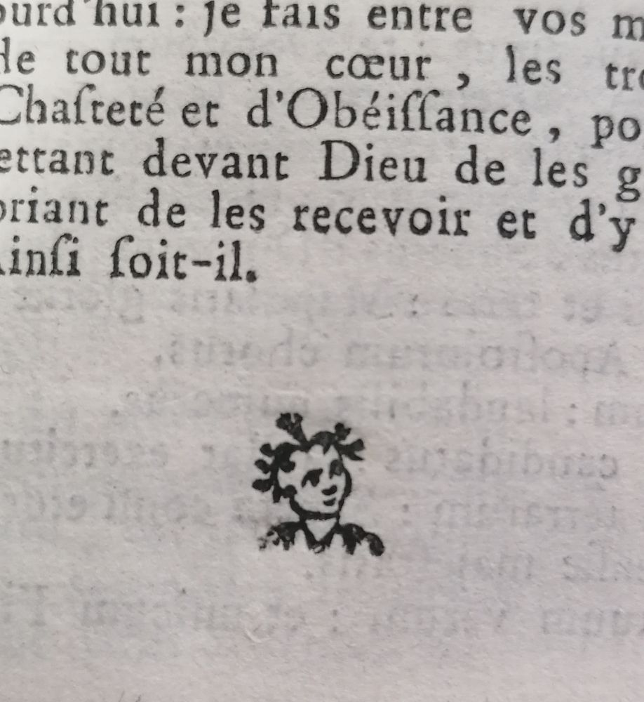 A little woodcut face looking for all the world like when your toddler has their hair in numerous tiny ponytails sticking up all over. 