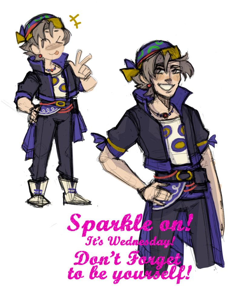 two sketches of locke from ff6. one is a chibi of him doing a peace sign and a silly face, the other is him doing the “sparkle on! it’s Wednesday!” meme pose