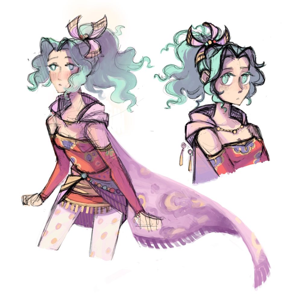 two colored sketches of Terra from ff6. she has her outfit from her concept art but green hair like her ingame sprites
