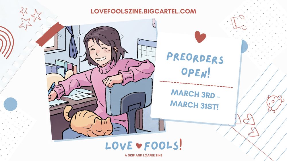 Image text: Preorders open March 3rd to 31st!

Image features an art preview by @apolocelot wherein Mitsumi is turning her body to the side of her desk chair and smiling warmly at a cat napping in her lap. She is bundled up in a pink sweater and her hair is in slight disarray.