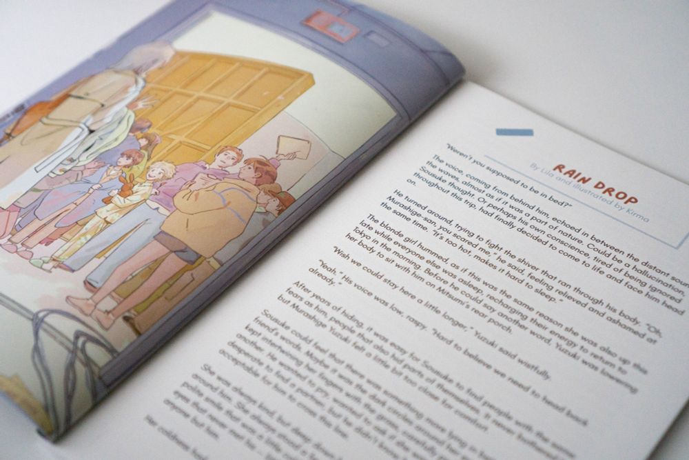 The image show a close up of double page spread featuring a sneak peek of an illustration and fic from LOVE FOOLS! A Skip and Loafer Zine.