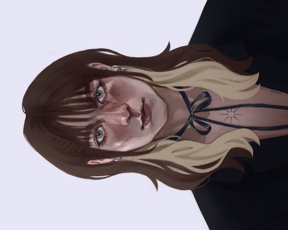 a portrait of me in a black jacket and a bow around my neck. a girl with a star tattoo under her neck, make-up with a big star on one eye. brown hair with blonde peekaboo hairstyle 