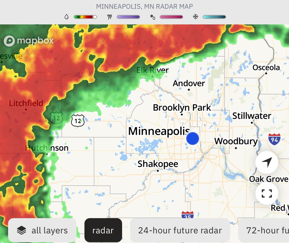 current Minneapolis weather radar depicting a giant freaky-looking red storm coming straight at us 