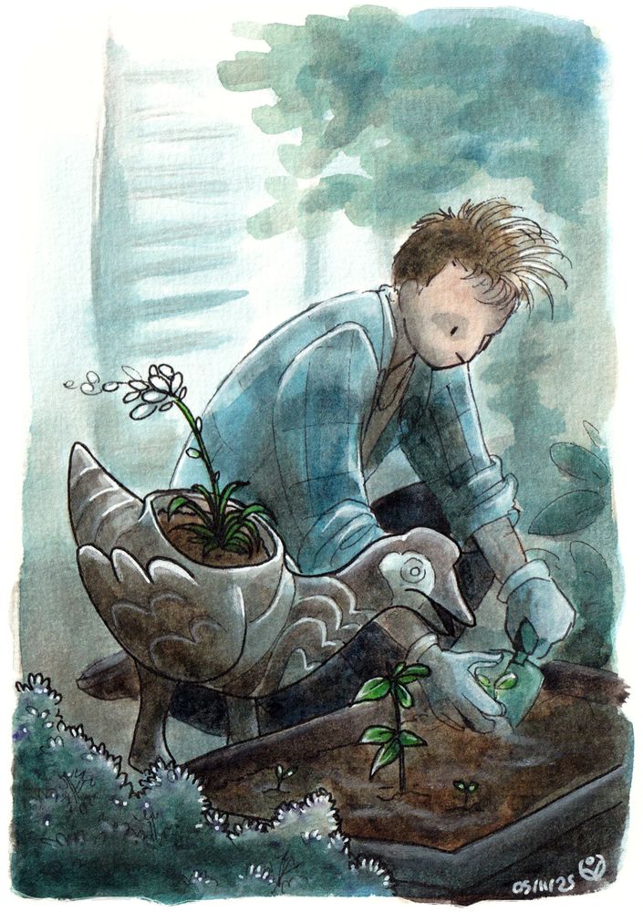 Watercolor drawing of OP in a blue shirt, gardening. A goose-shaped flowerpot with a white flower planted on its back is looking at the planter, fascinated.