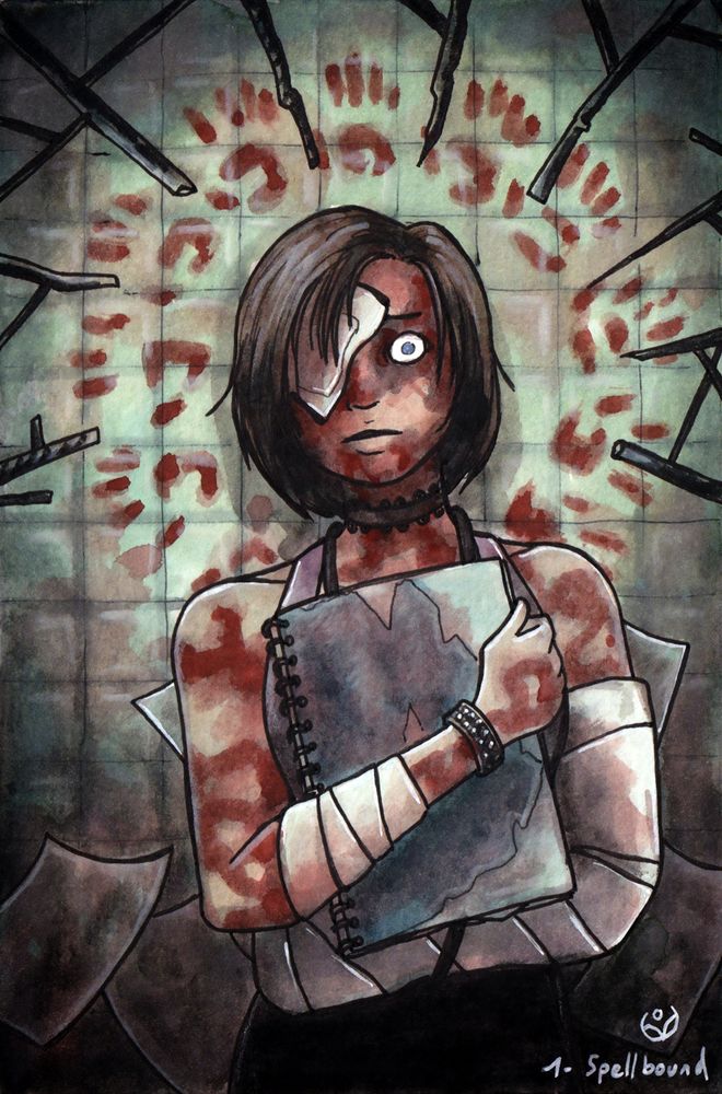 Silent Hill 4 fan art. Eileen, very distressed, clutching an old notebook against her chest, covered in bandages and bruises, staring straight into the camera with her only eye not covered by a bandage. There's a halo of eleven bloody handprints on the greenish tiled wall behind her.