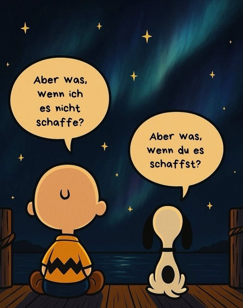 Das Bild zeigt Charlie Brown und Snoopy, die nachts am Wasser auf einem Steg sitzen. Am Himmel leuchten Sterne und Nordlichter. Über Charlie Browns Kopf ist eine Sprechblase mit der Frage: 