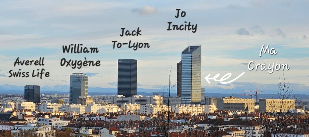 Vue sur 4 tours du quartier de la Part Dieu par ordre de grandeur Swiss Life, Oxygène, To-Lyon et Incity comme les frères Dalton Averell, William, Jack et Jo. Et derrière la tour Incity on aperçoit le crayon, la plus vieille tour du quartier comme Ma Dalton.